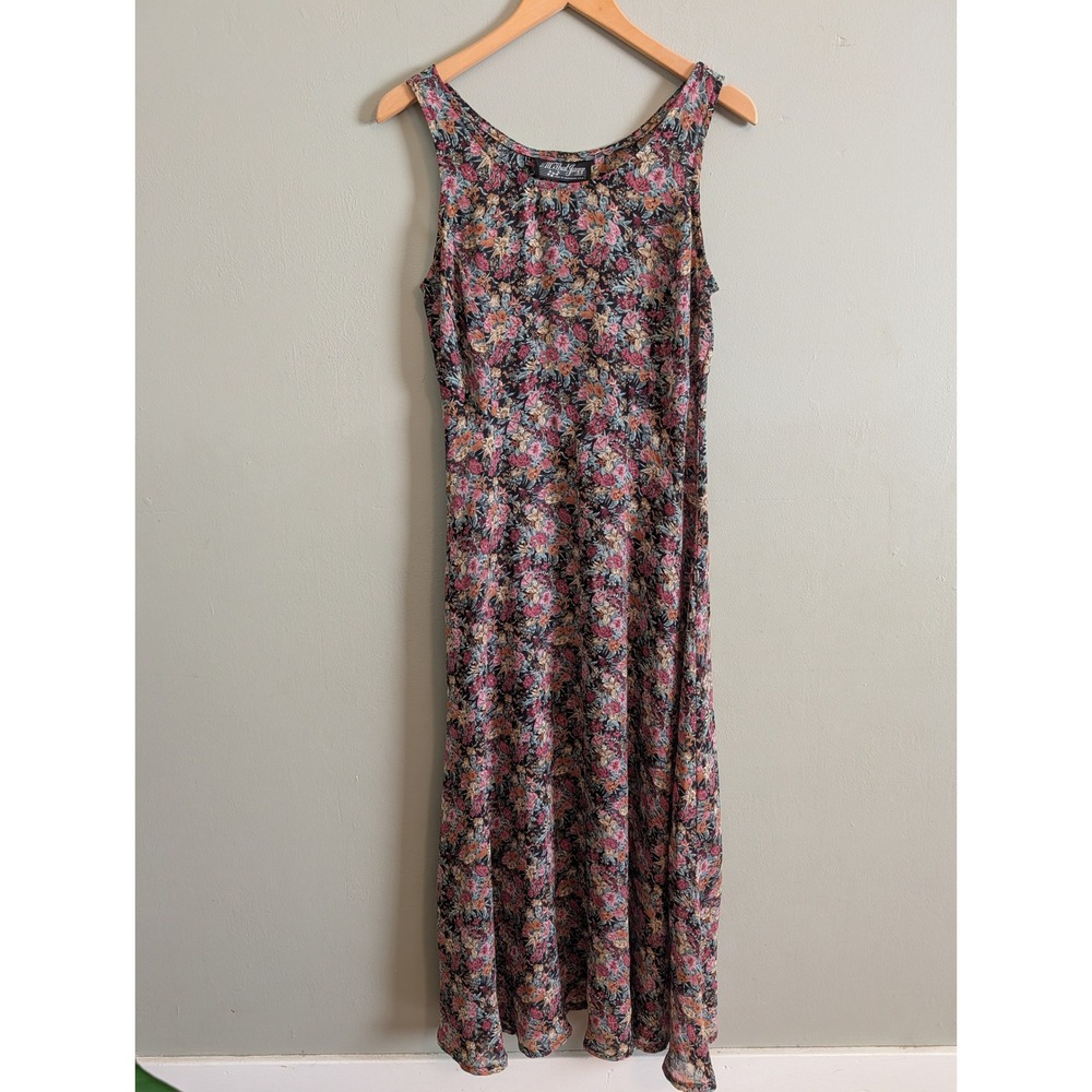 Vtg Sheer Floral Maxi Dress 90s Grunge Whimsigoth Dark USA Sleeveless USA